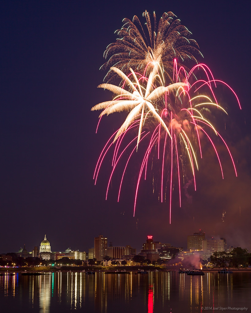 Fireworks over Harrisburg Skyline, Saturday July 5, 2014, 710pm